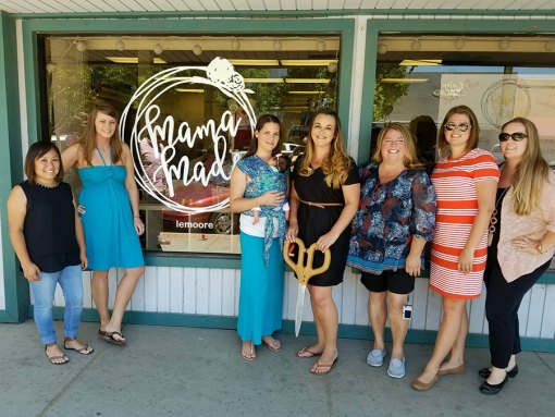 Partners in Mama Made, left to right: Pamela Guevara, Heather Hammock, Christina Baltazar, Amanda Henry. From Chamber: Brenda Martin, Brittany Reece and Manager Jenny MacMurdo.